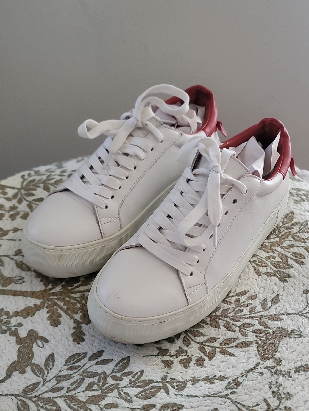 White Leather Women's Sneakers with Red Heel Accent